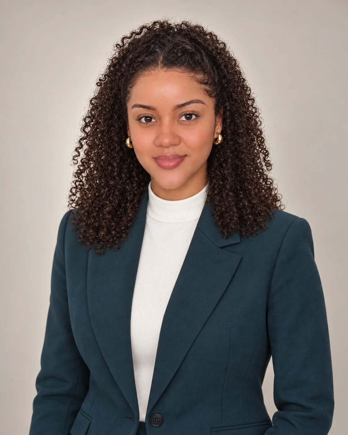 Andreia Gouveia, advogada previdenciarista, de blazer petróleo, olhando de frente para a câmera.